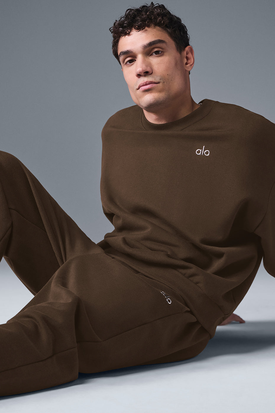 Front view of mens crewneck sweatshirt with chrome chest logo