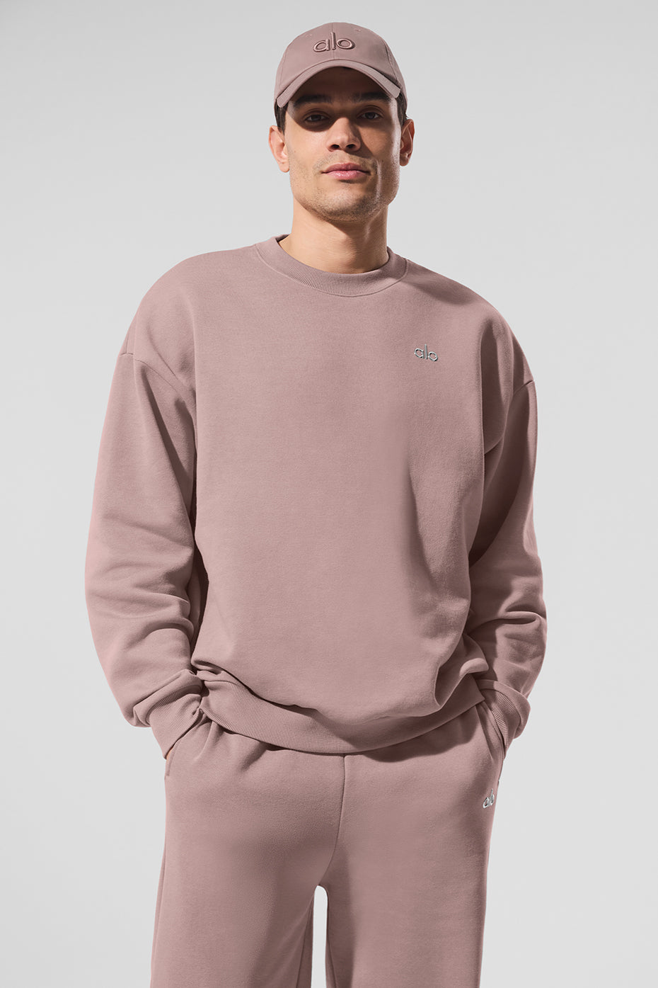Front view of the men's crewneck sweatshirt in taupe with logo detail