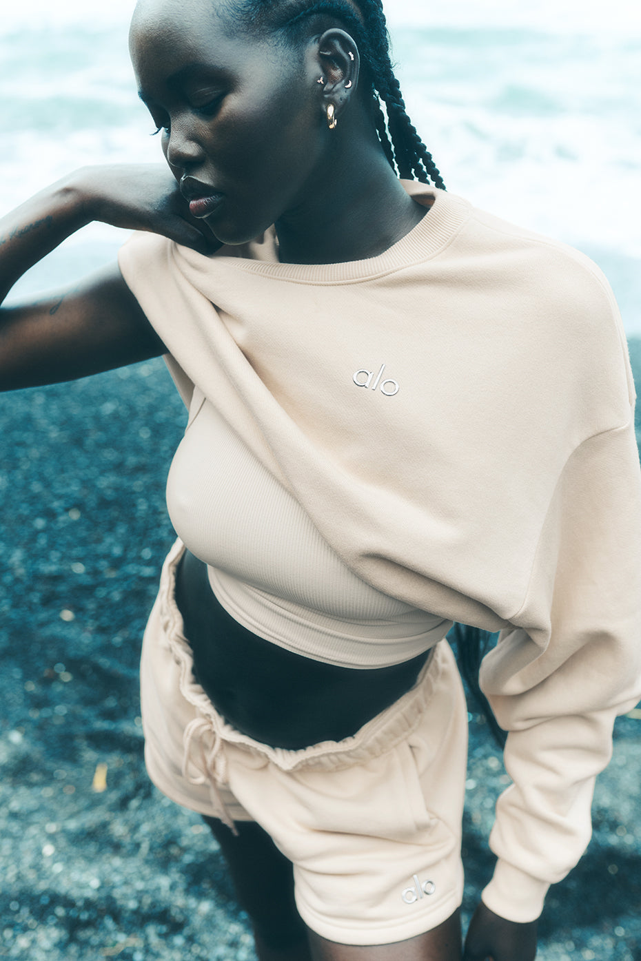 Close-up of the Accolade crew neck pullover fabric showing its soft French terry texture