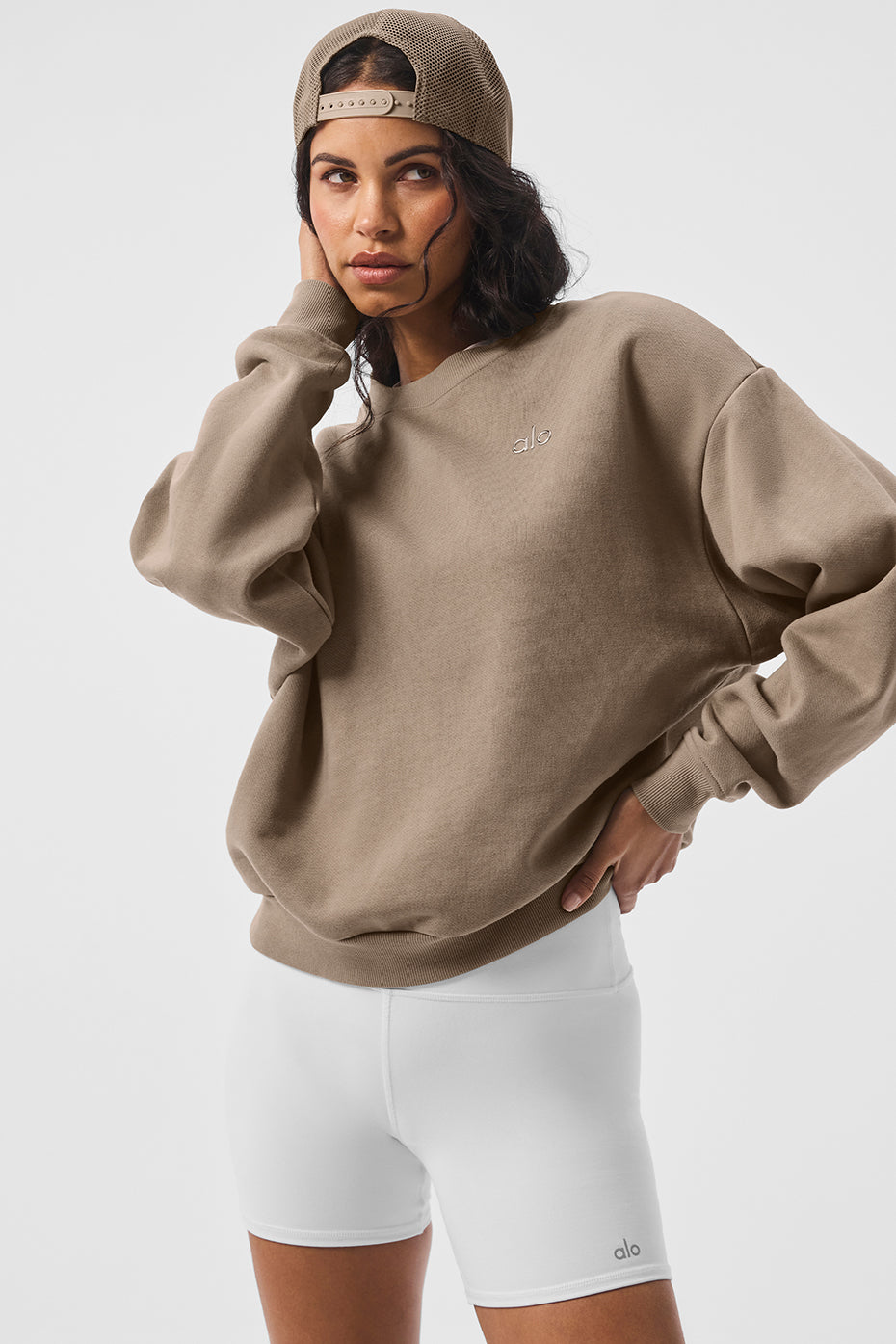 Front view of the Accolade crew neck sweatshirt in gravel, showcasing its relaxed fit.