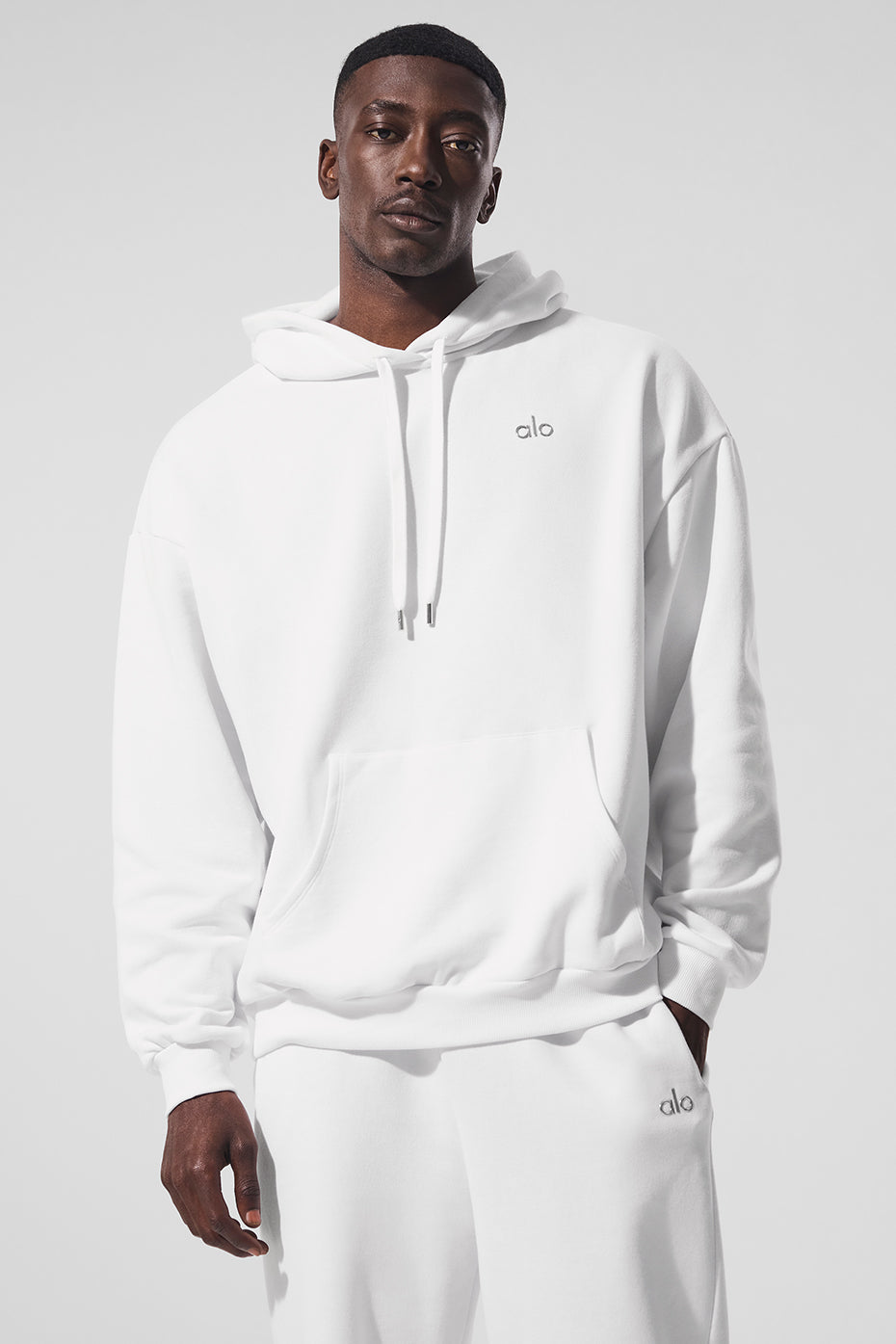 Front view of the Parke Comfort Hoodie in white, showcasing its relaxed fit.