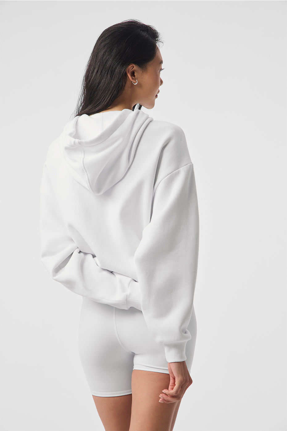 Front view of the white French terry hoodie with kangaroo pocket
