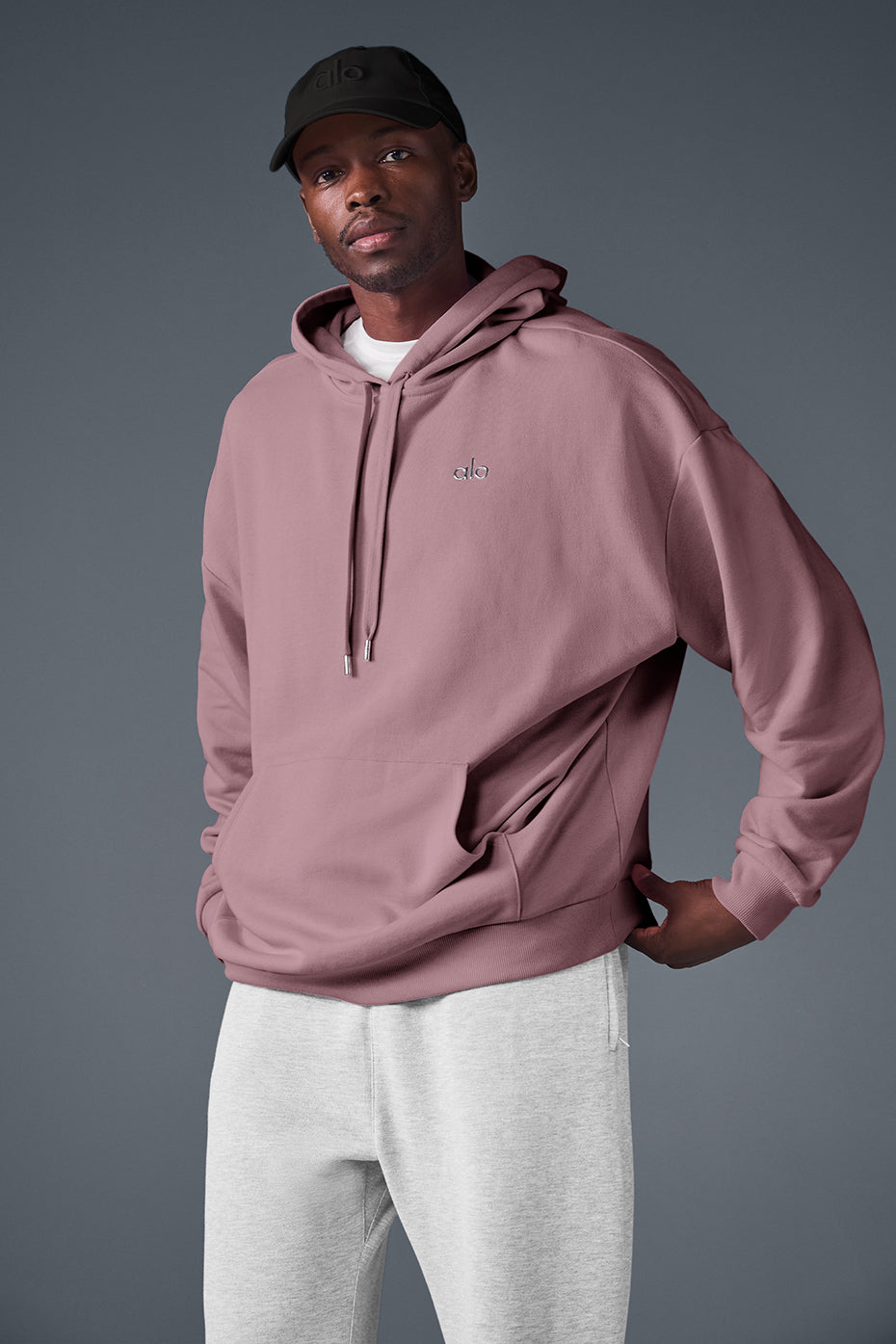 Front view of Accolade comfort hoodie in Smoky Quartz, showcasing the relaxed fit.