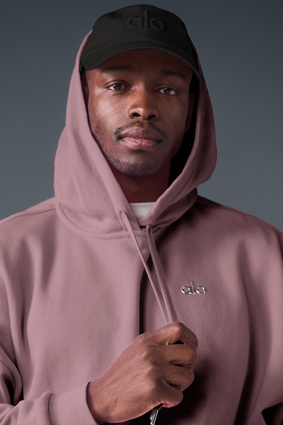 Front view of Accolade comfort hoodie in Smoky Quartz, showcasing the relaxed fit.