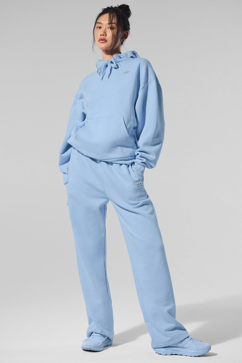 Seashell blue comfort hoodie set styled with matching sweatpants.