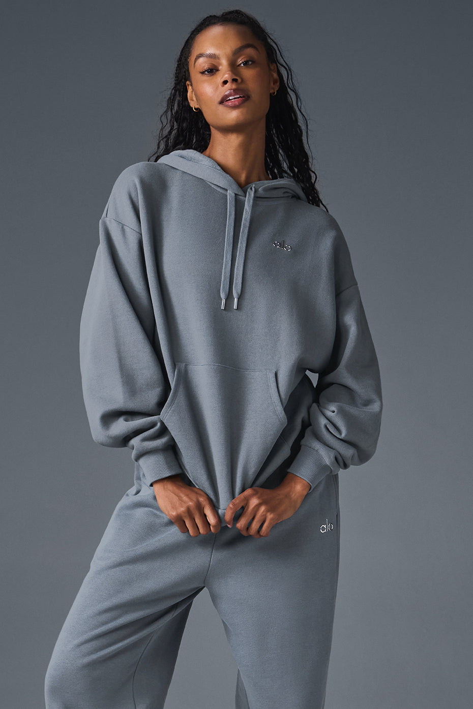 Front view of the Accolade steel grey hoodie with kangaroo pocket