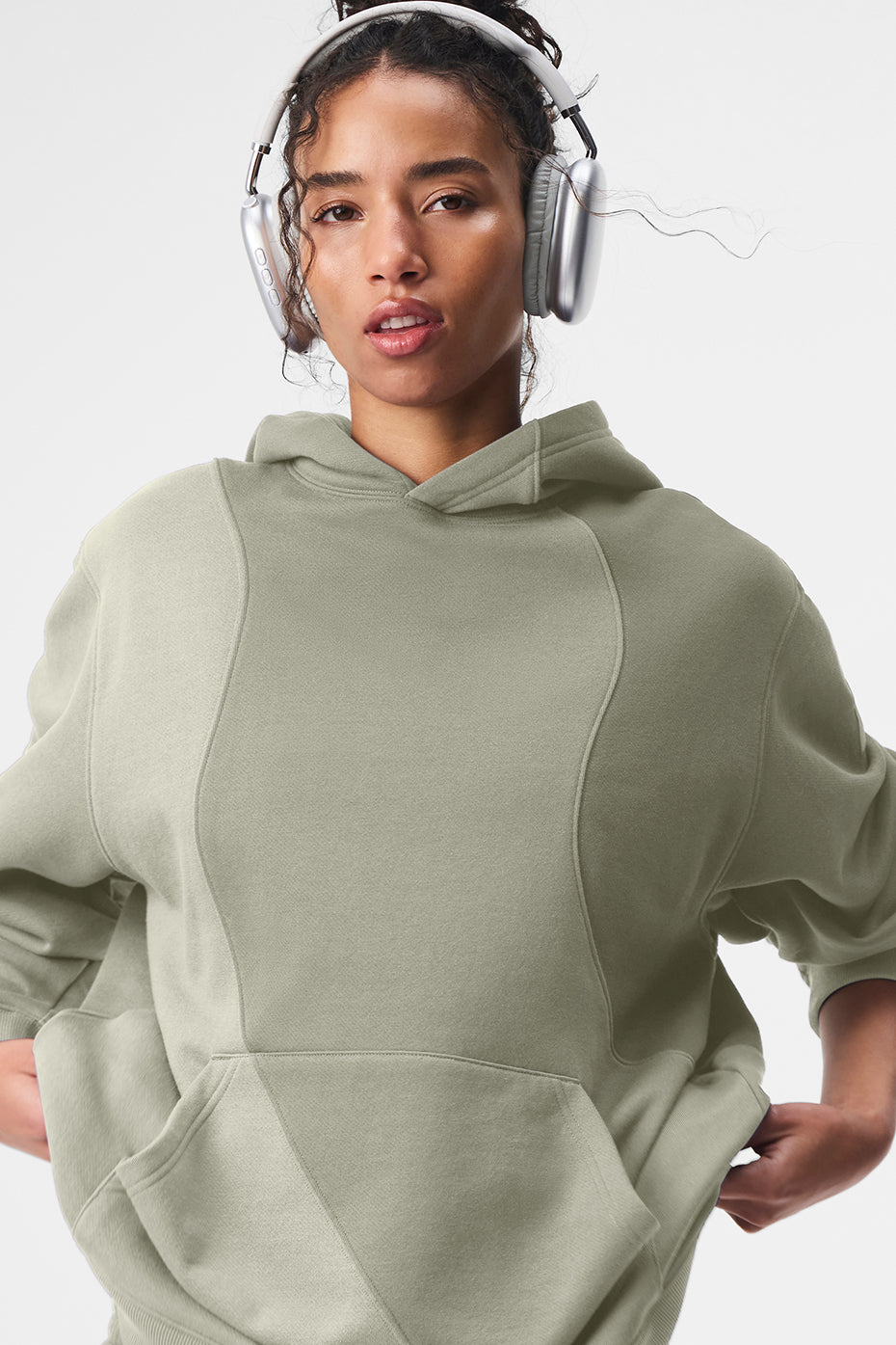 Front view of oversized hoodie men wear casually in limestone color