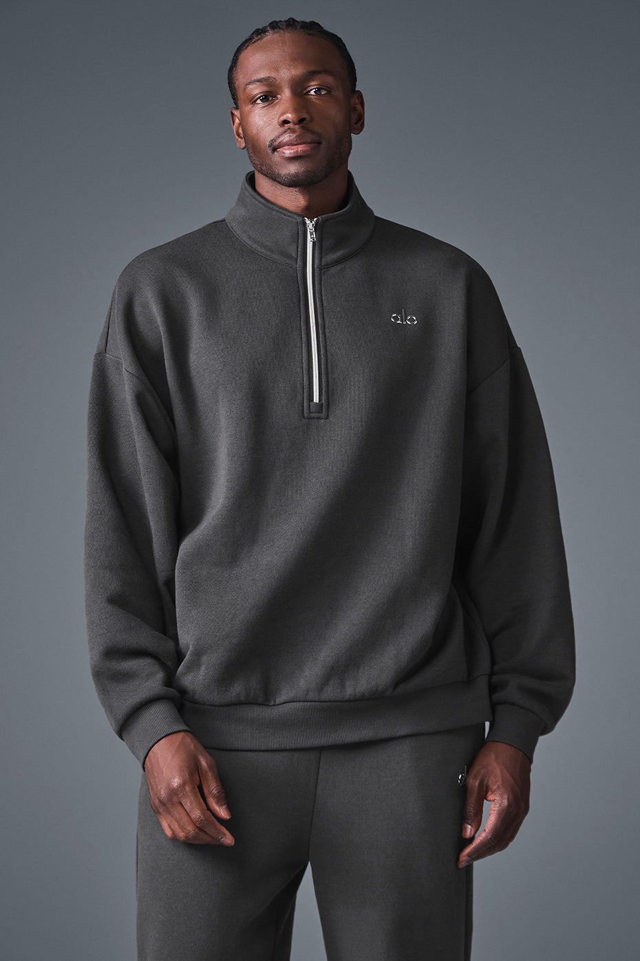 Front view of the Accolade pullover highlighting the 1/4 zip and collar design