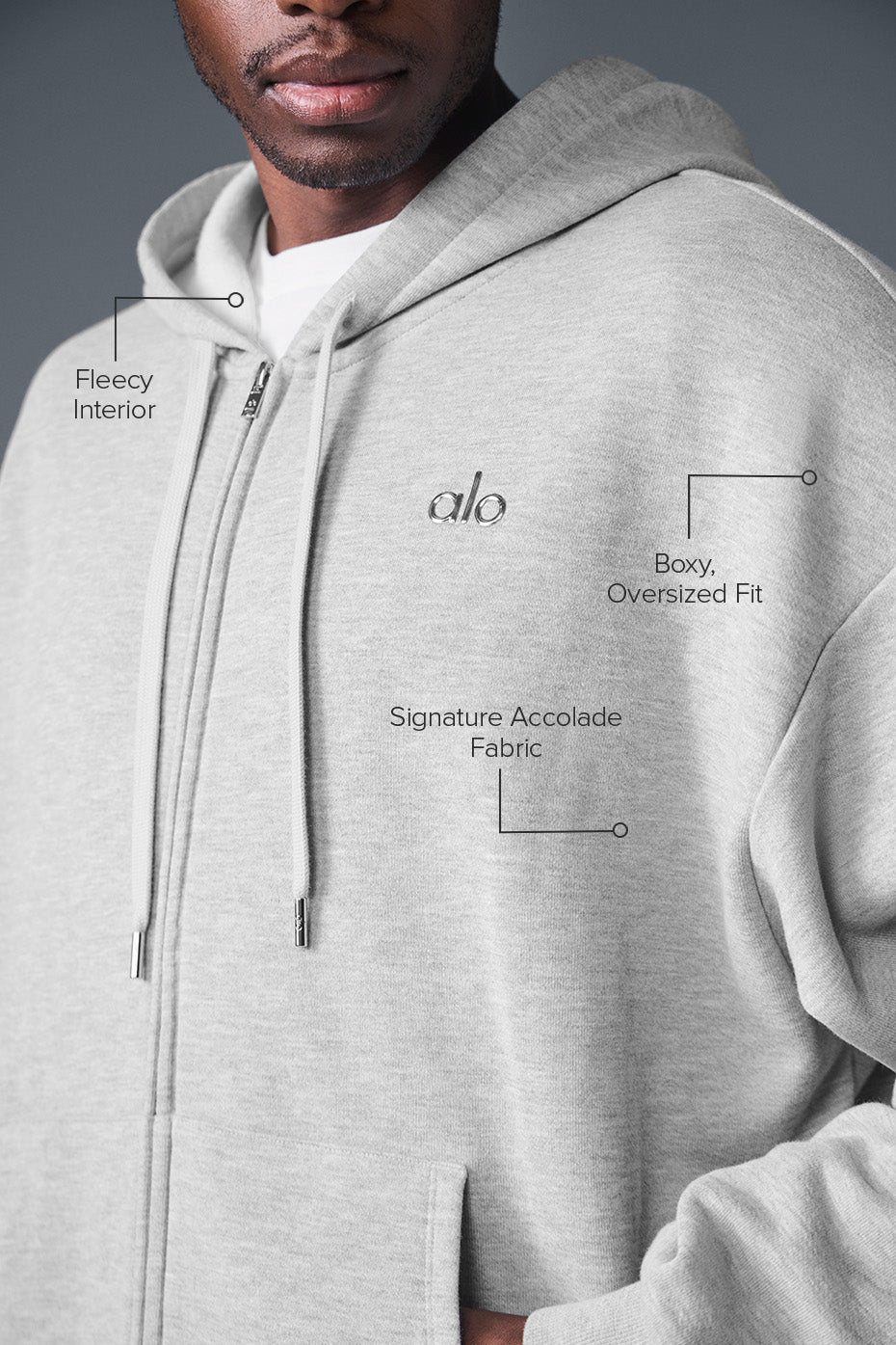 Side view showcasing the relaxed fit of the black zip up hoodie.