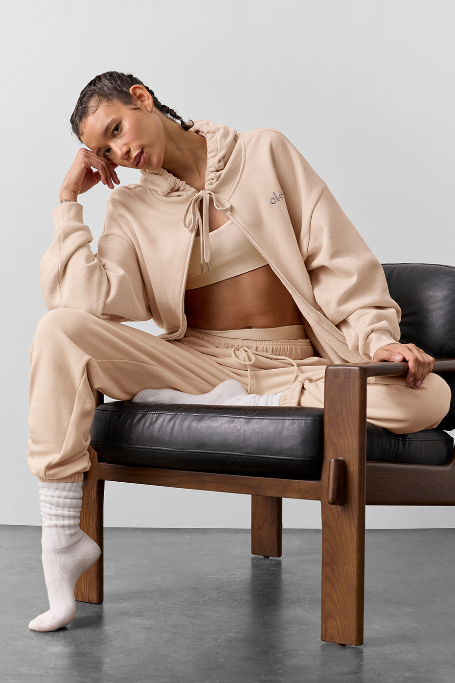 Front view of macadamia oversized zip up hoodie