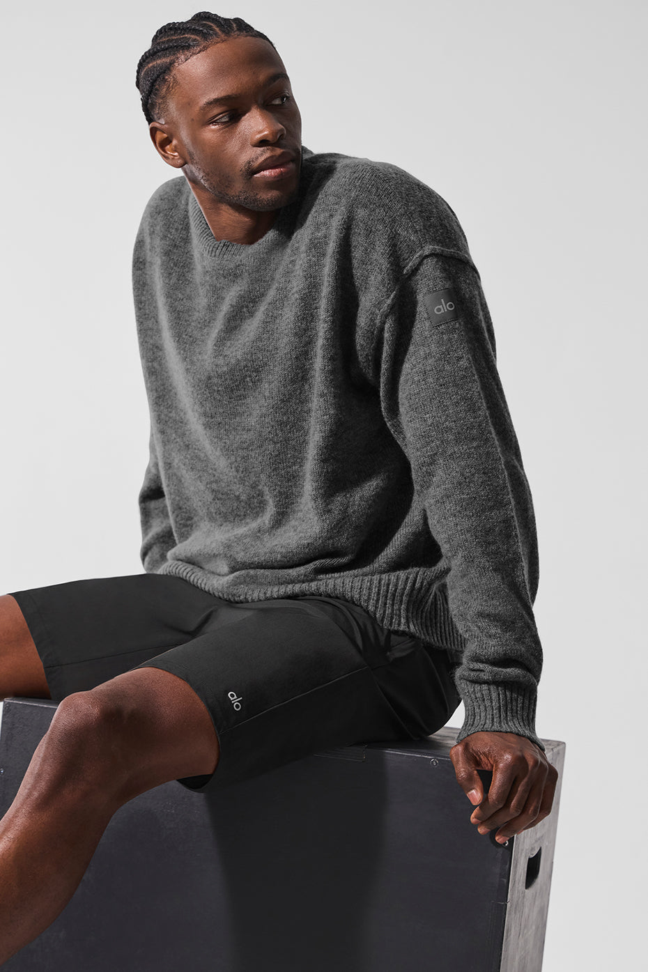 Close-up of the luxurious fabric of the mens cashmere sweater.