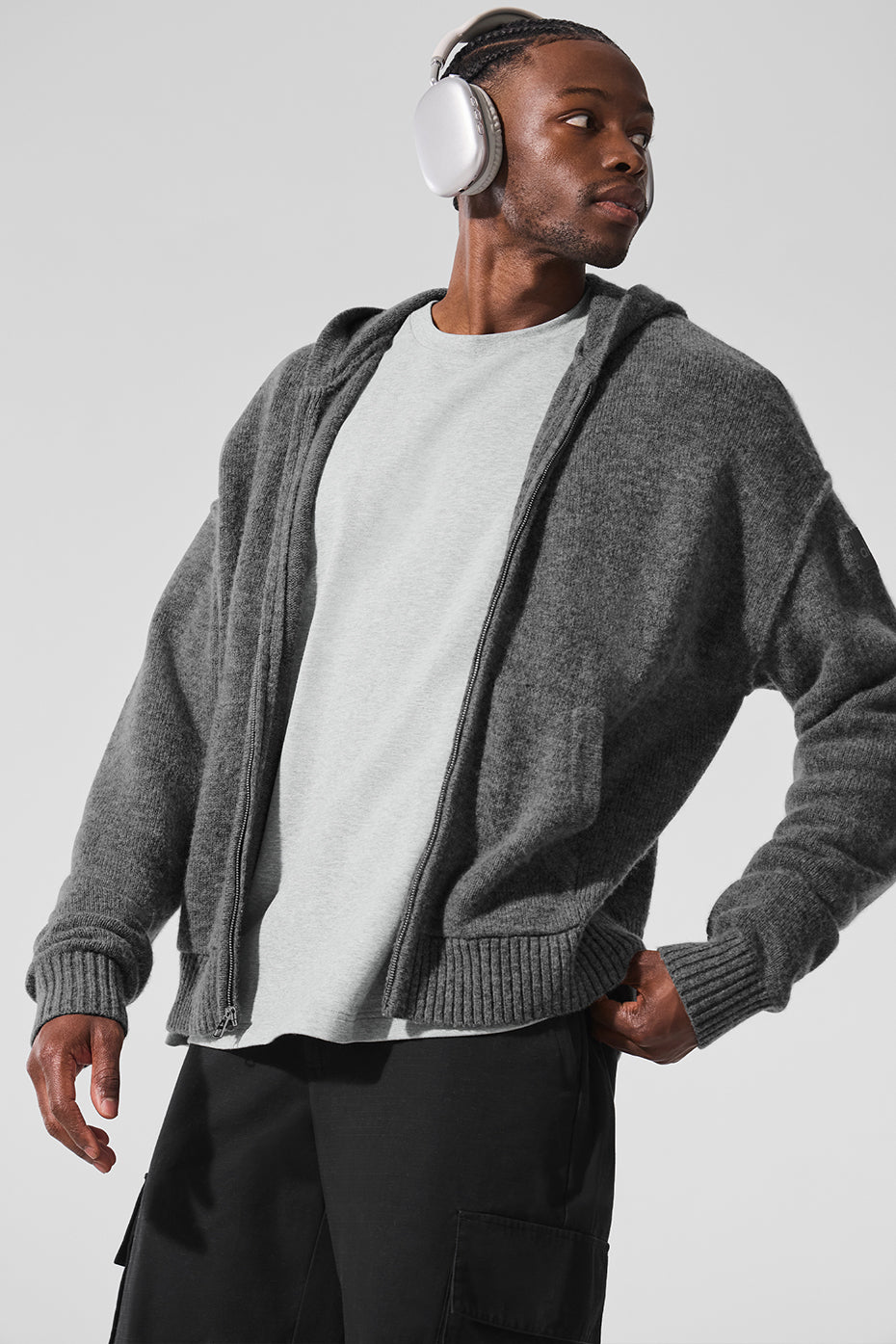 Platinum grey cashmere zip hoodie showcased outdoors for casual wear.
