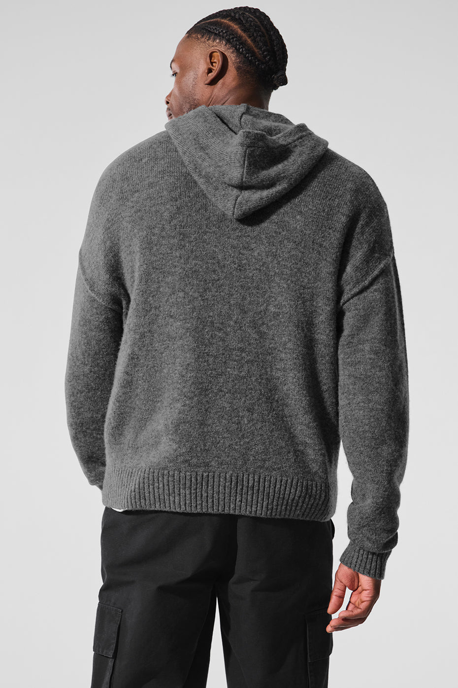 Relaxed fit of the ladies cashmere hoodie sweater styled for a cozy day.