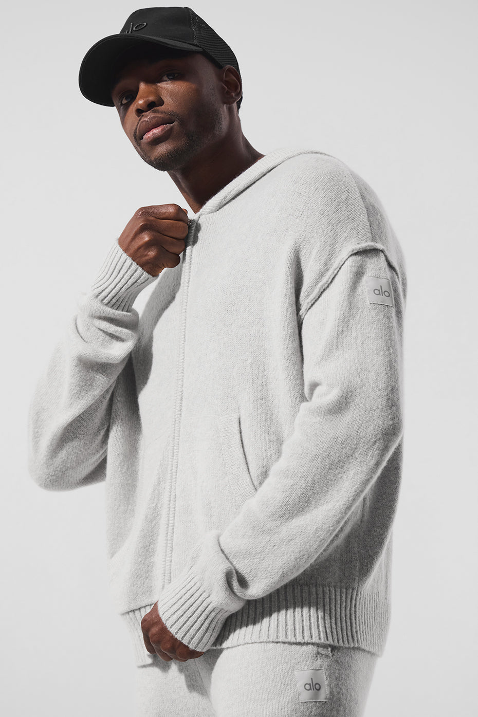 Front view of elegant cashmere zip hoodie in pearl grey