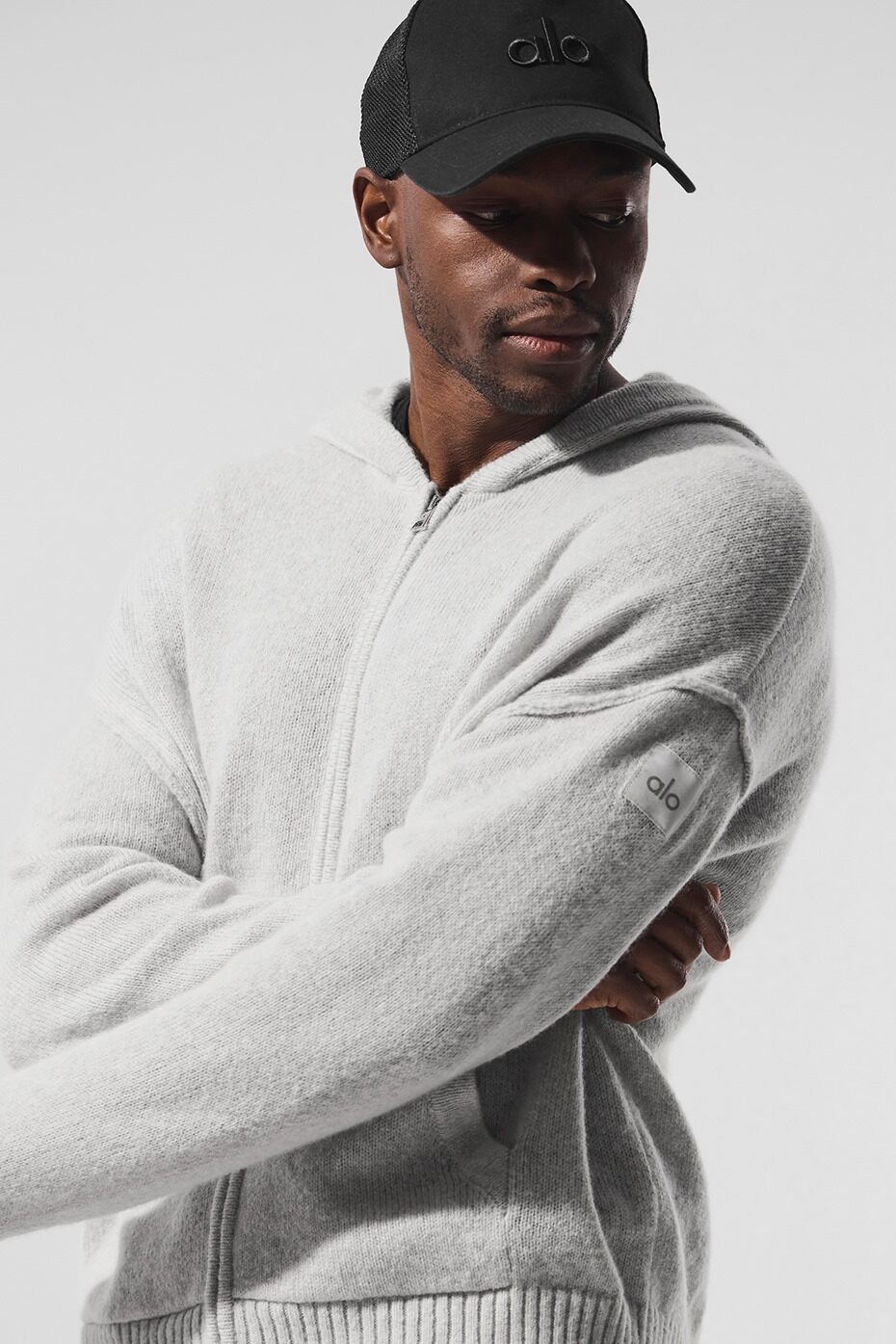 Front view of elegant cashmere zip hoodie in pearl grey