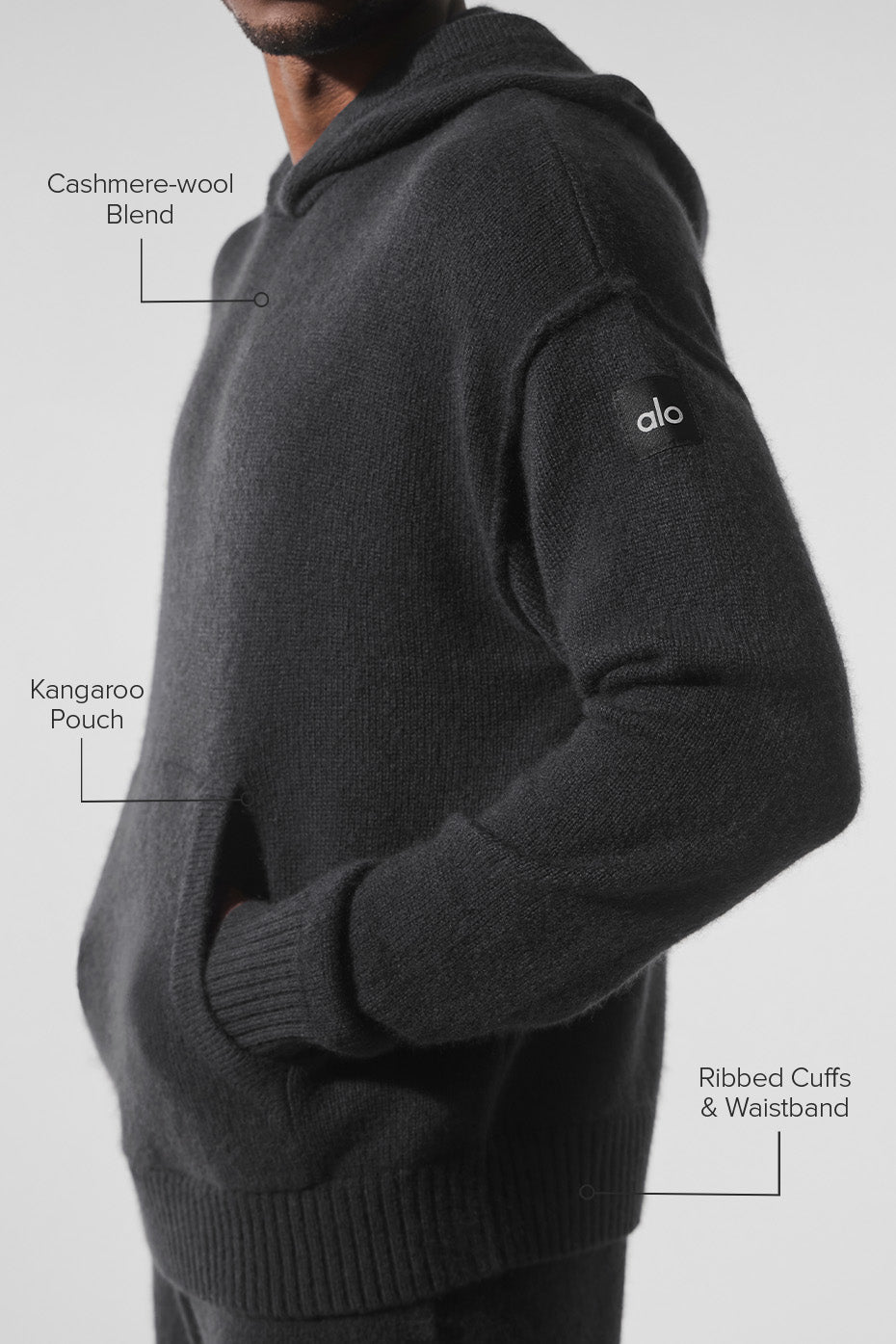 Model wearing the cashmere hoodie with relaxed elegance