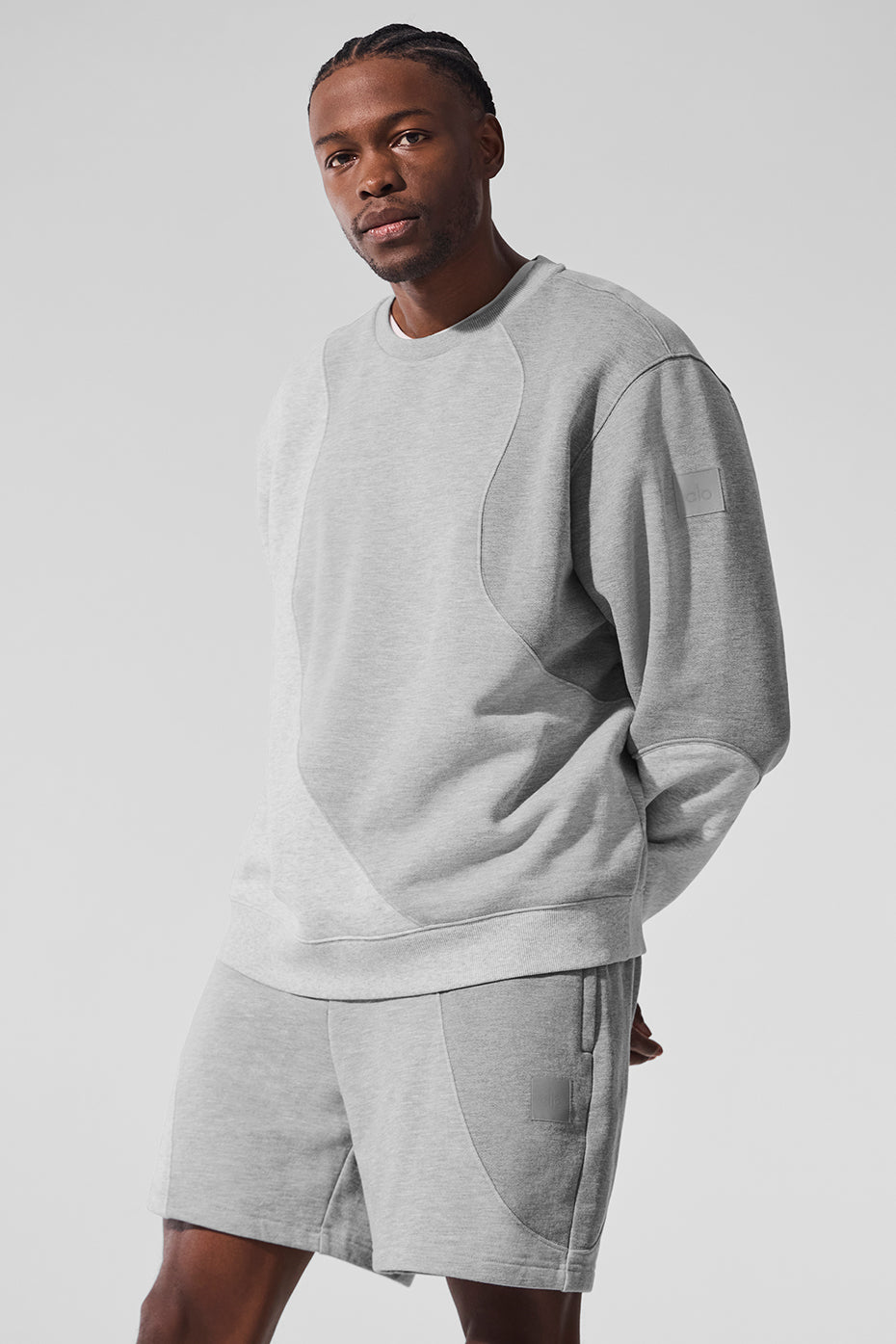 Side angle of cozy crewneck showing soft terry texture