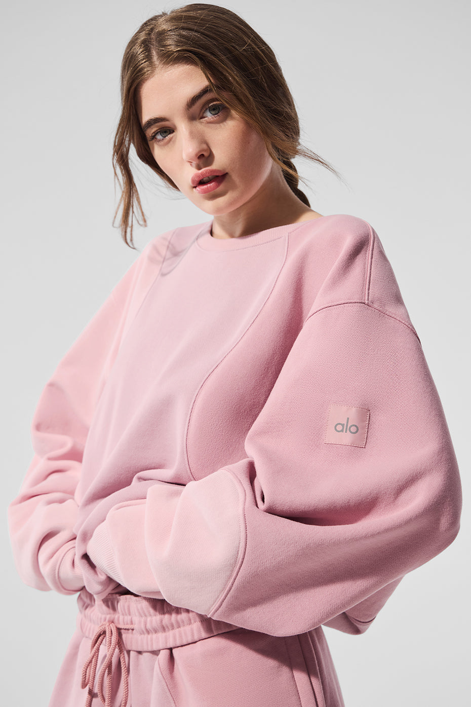 Styled with matching sweatpants for casual lounge wear look