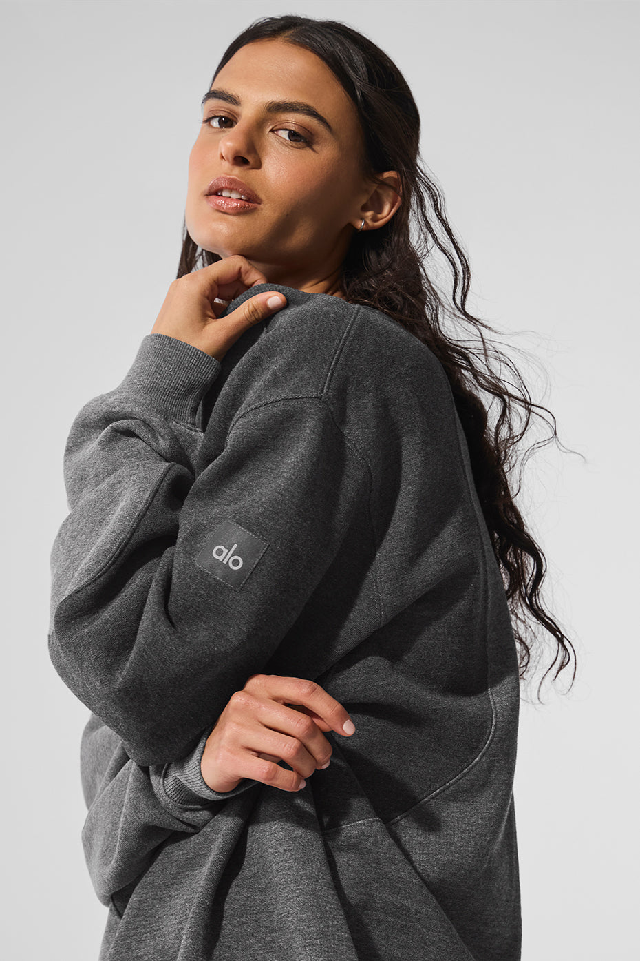 Front view of the cozy fleece perfect hoodie in dark heather grey, highlighting oversized fit