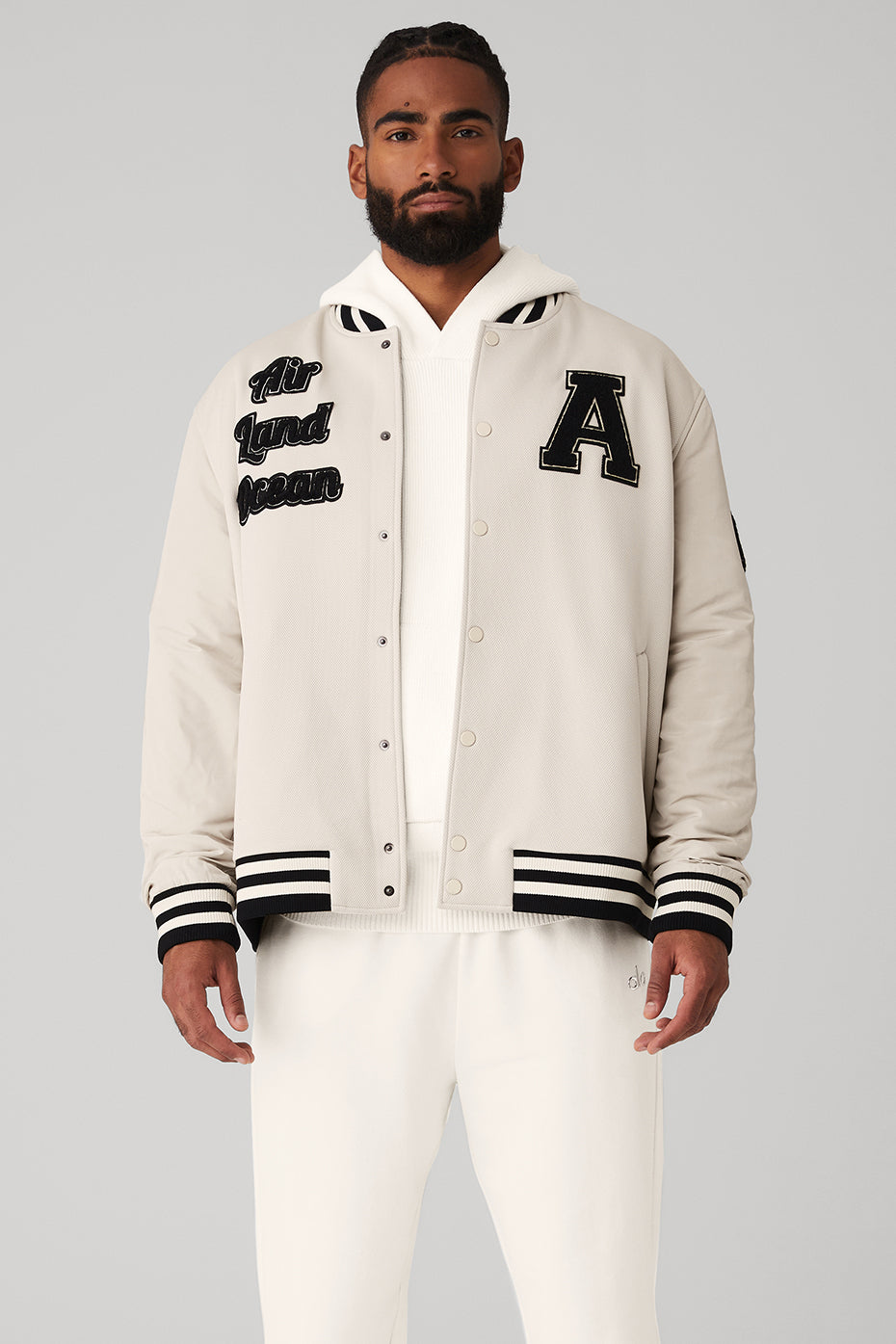 Front view of the Ultimate Letterman Fleece Jacket in bone color.