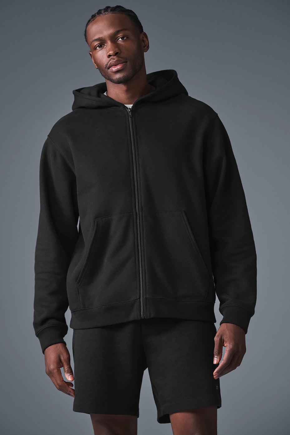 Close-up of Renown black zip up hoodie fabric texture