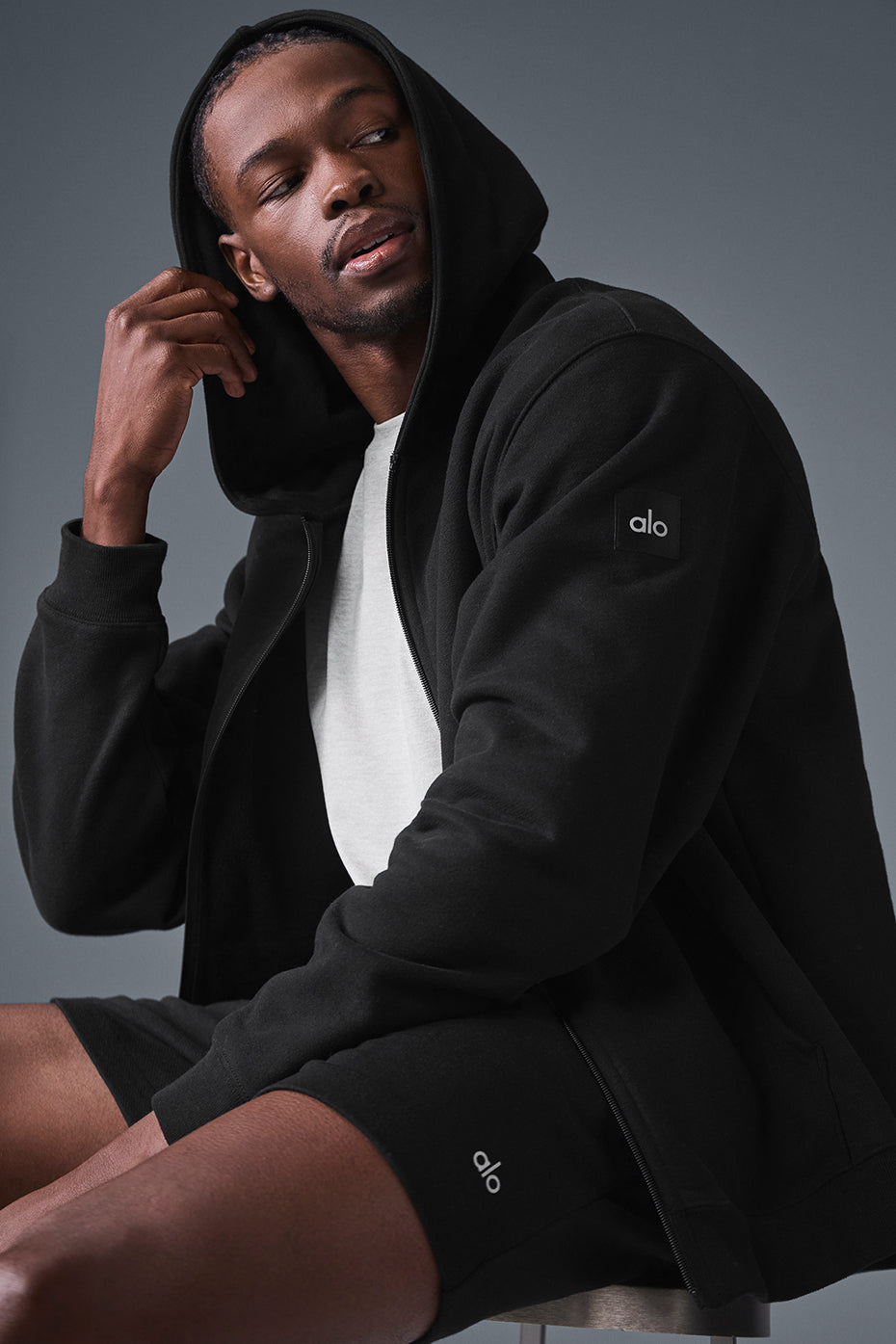 Close-up of Renown black zip up hoodie fabric texture