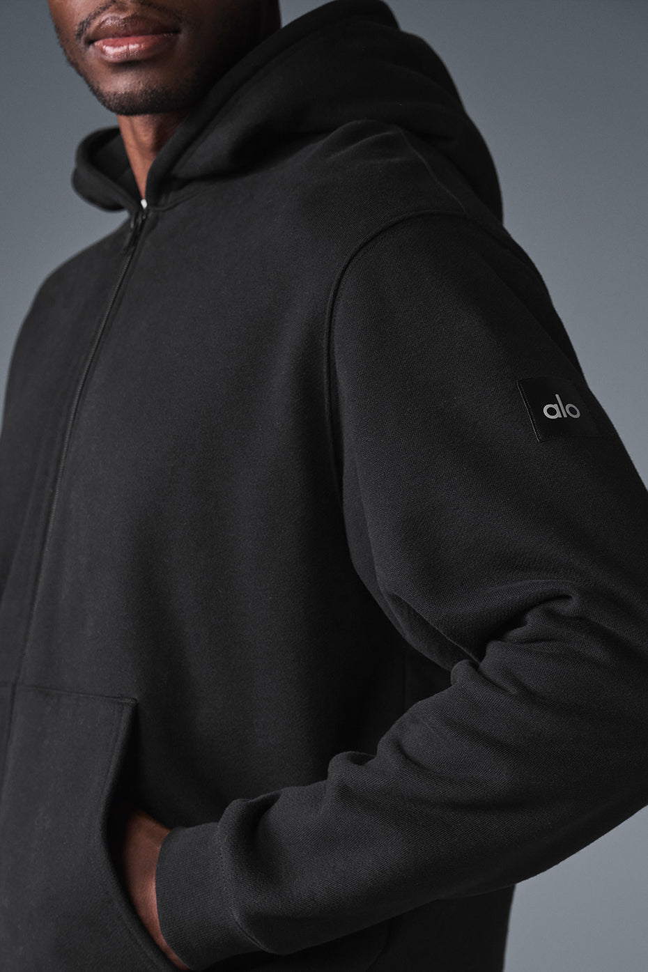Detail shot of split kangaroo pocket on heavyweight sweatshirt