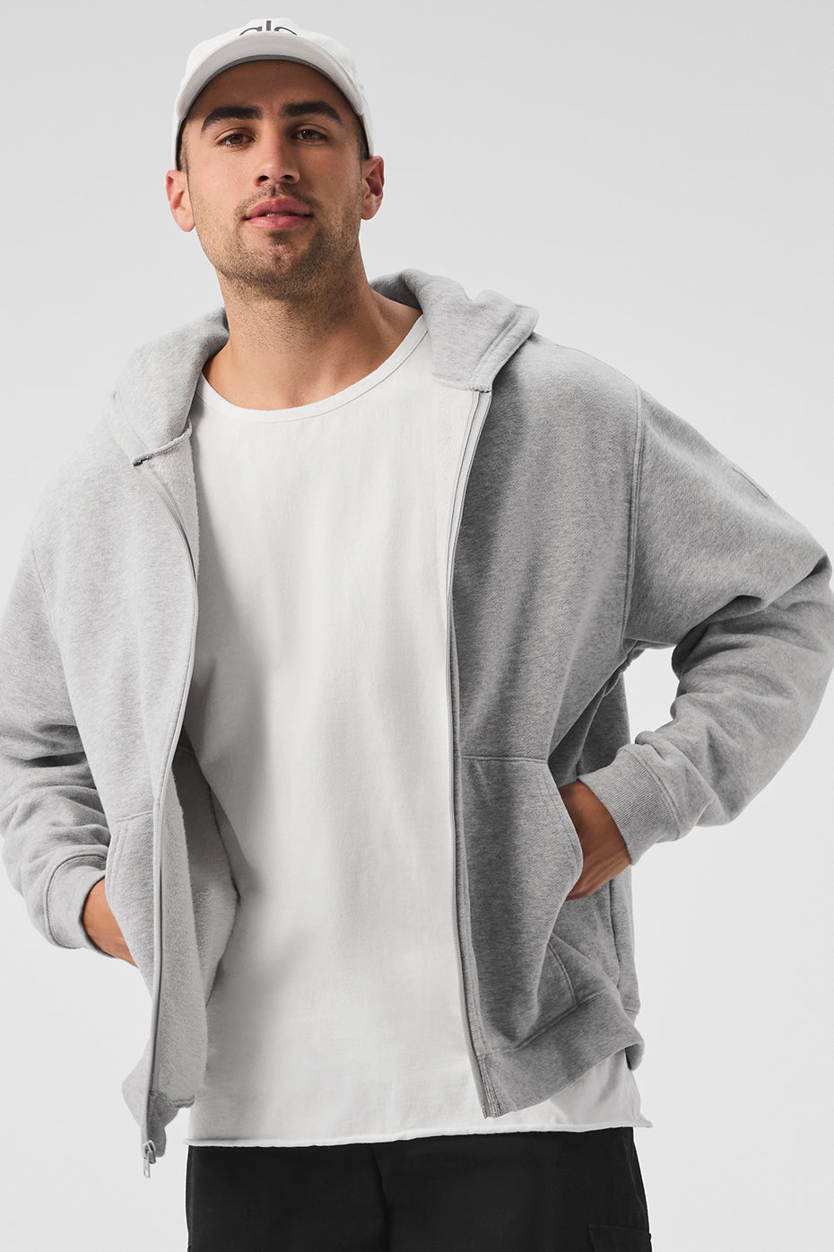 Front view of Renown Comfort Full Zip Hoodie in Athletic Heather Grey, showcasing its oversized fit.