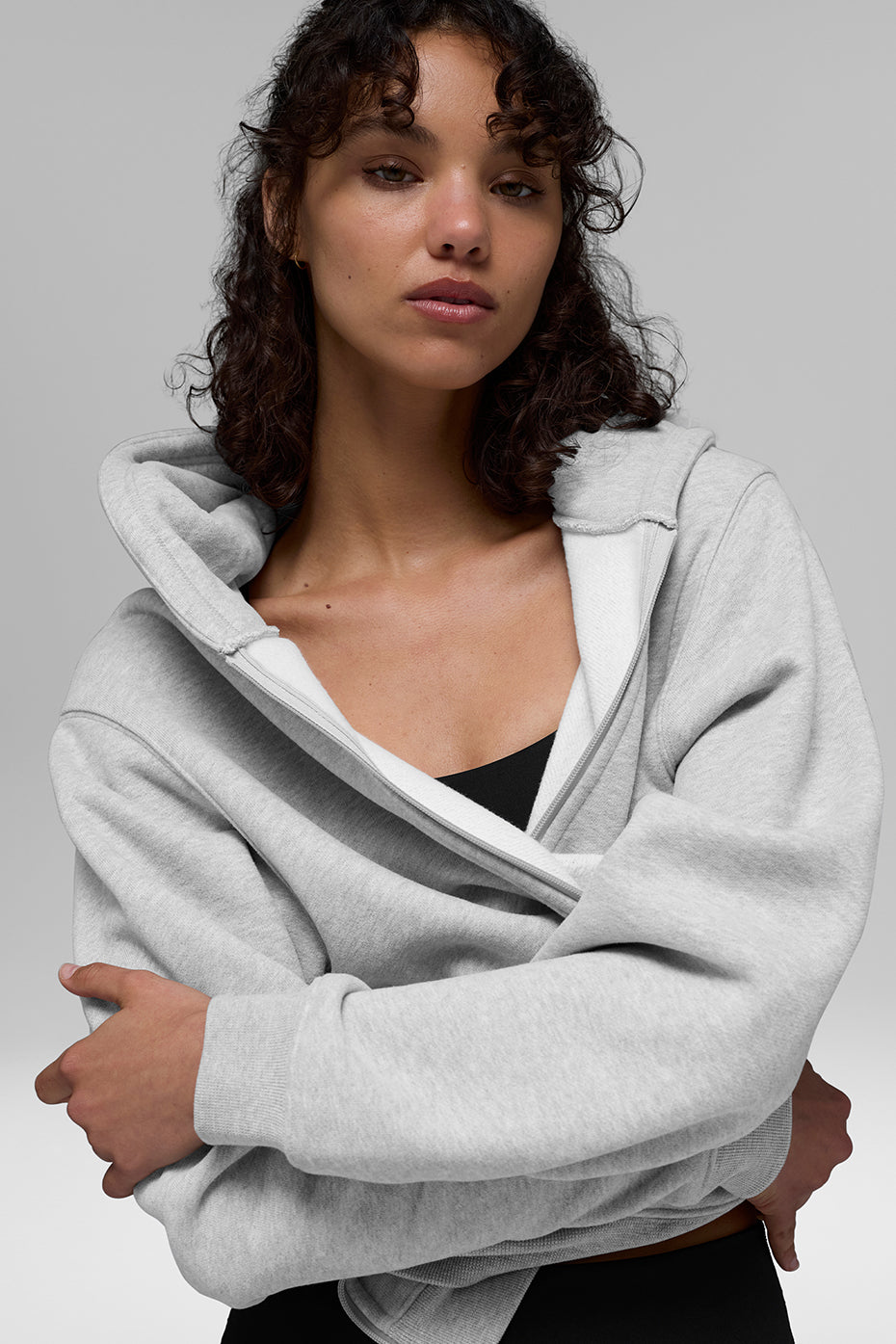 Front view of full zip hoodie showcasing heavyweight terry and fit