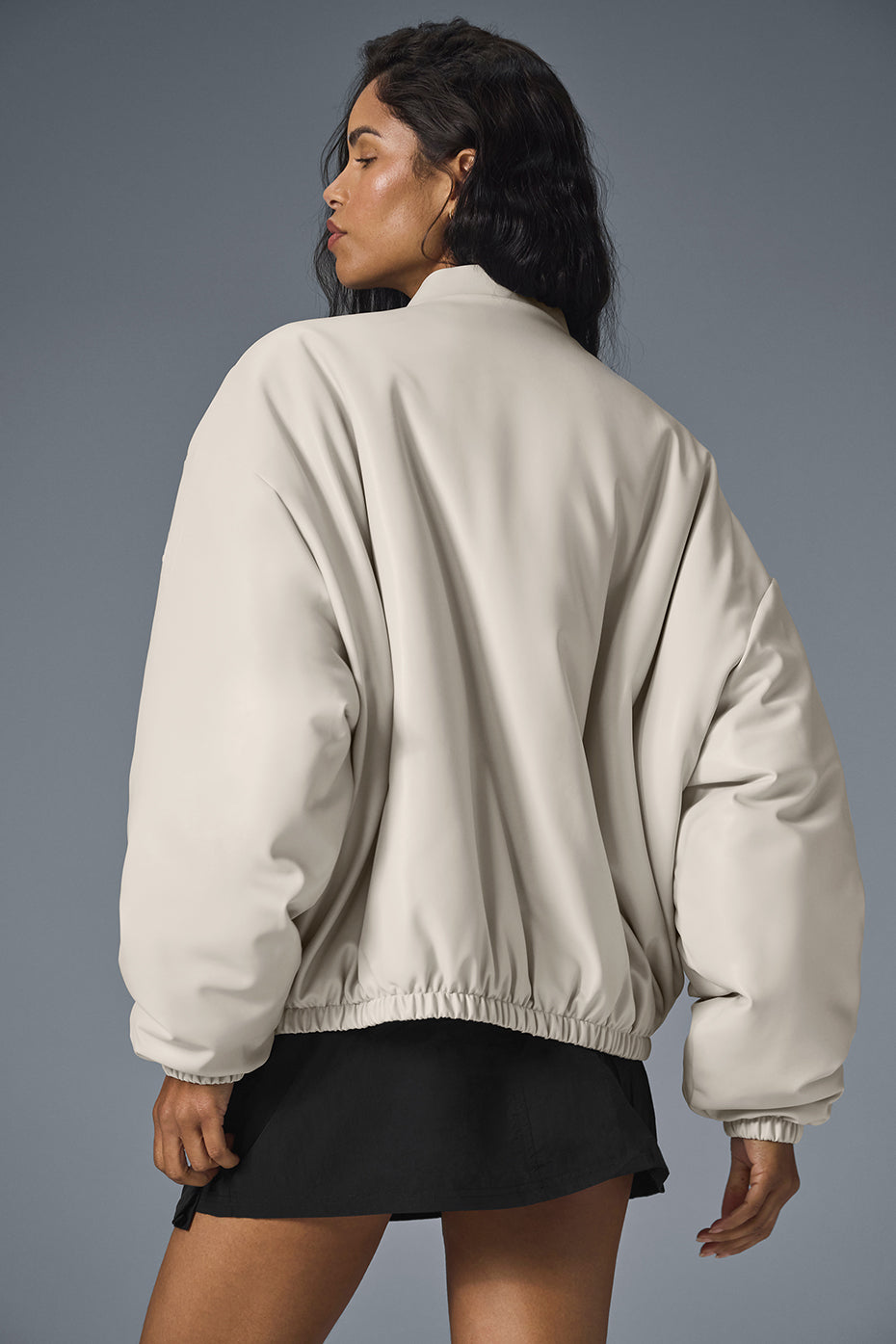 Back view of faux leather bomber jacket ladies, highlighting lightweight design