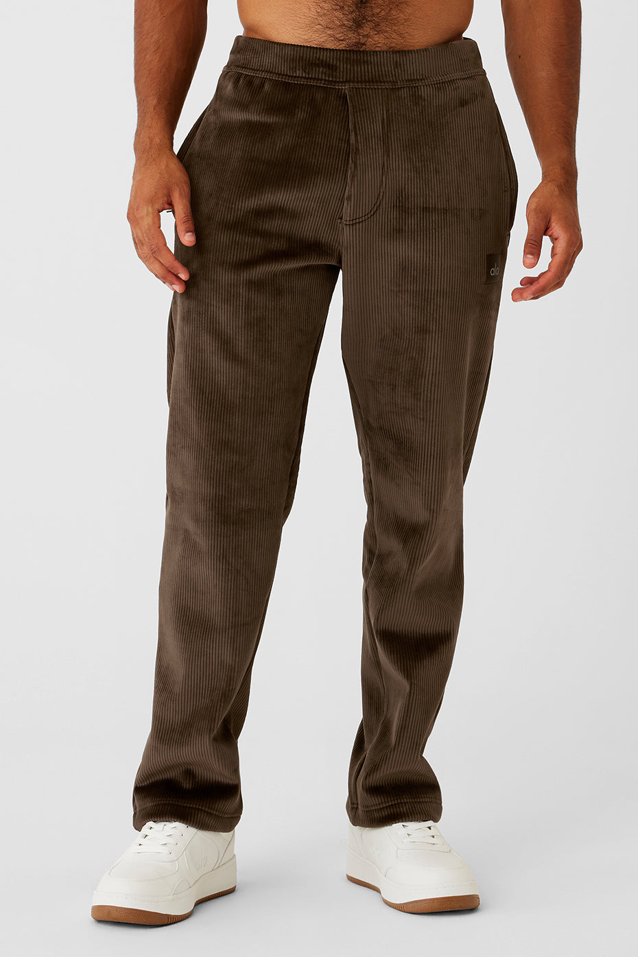 Front view of espresso velour lounge pants with straight-leg fit.