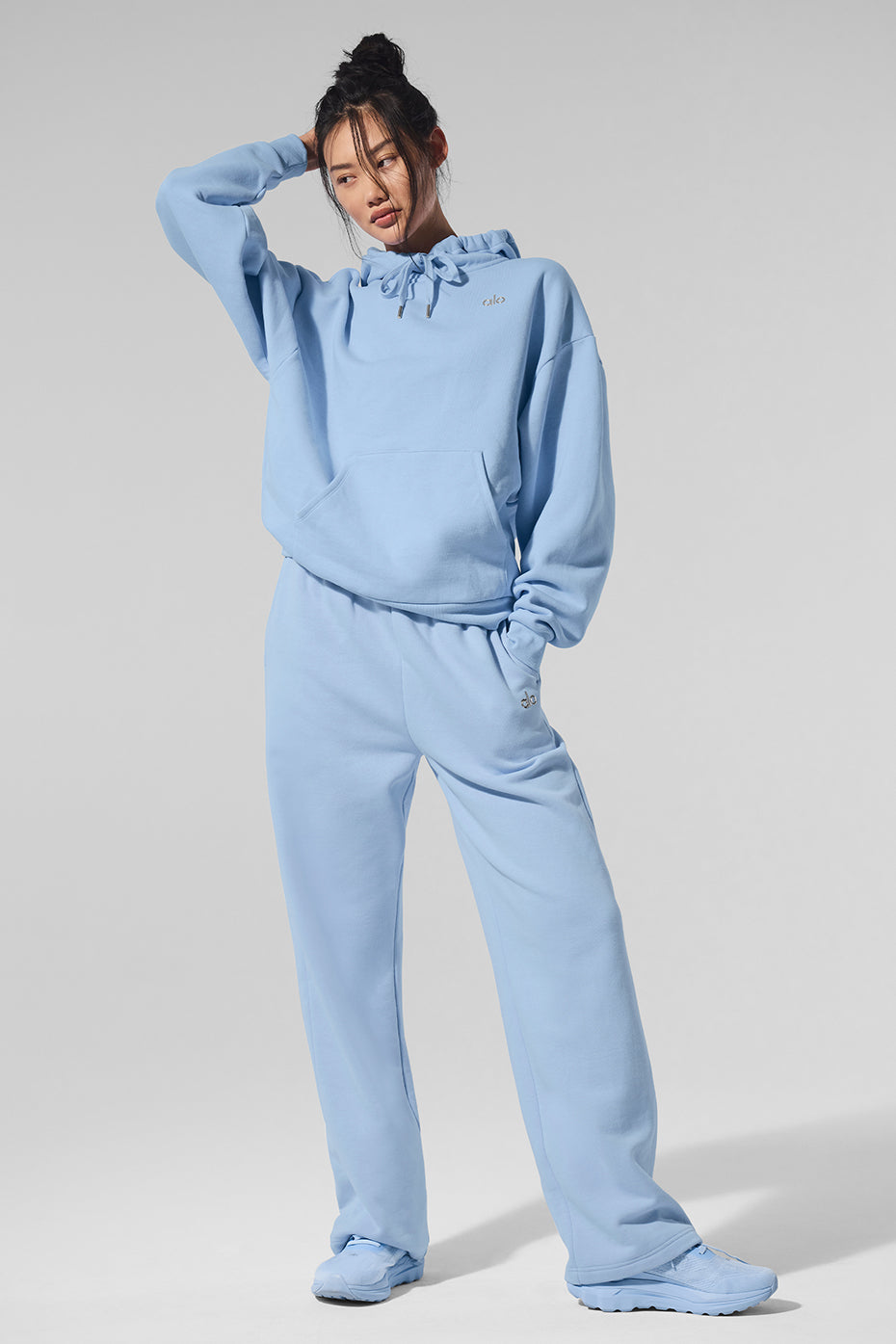Front view of Accolade wide leg sweatpants in seashell blue for casual wear.