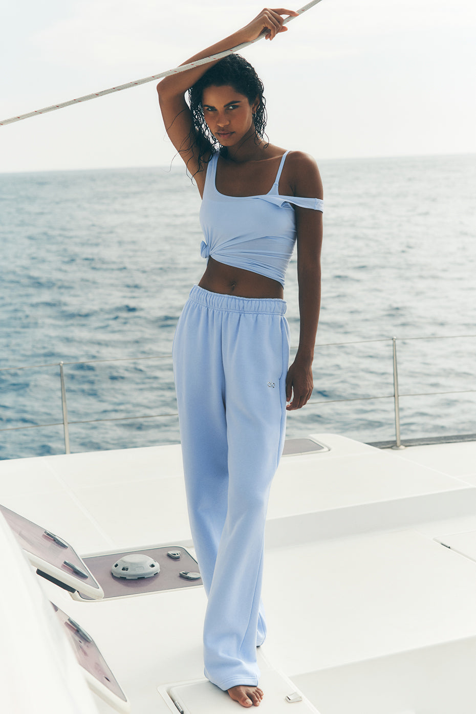 Front view of Accolade wide leg sweatpants in seashell blue for casual wear.