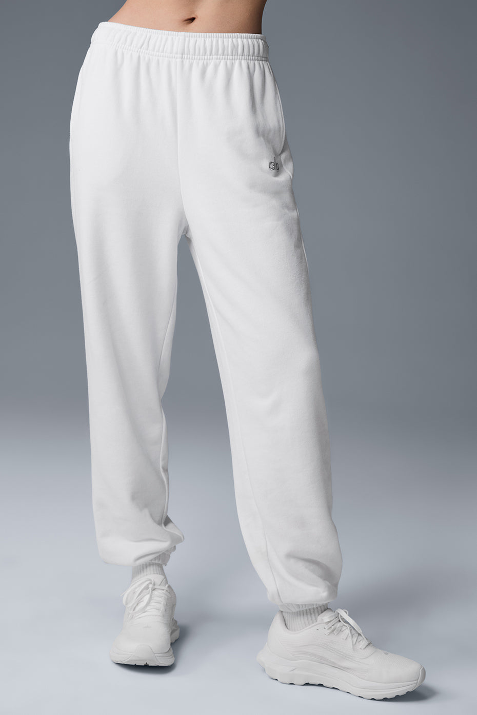 Front view of relaxed fit sweatpants showing elastic waistband and cuffs