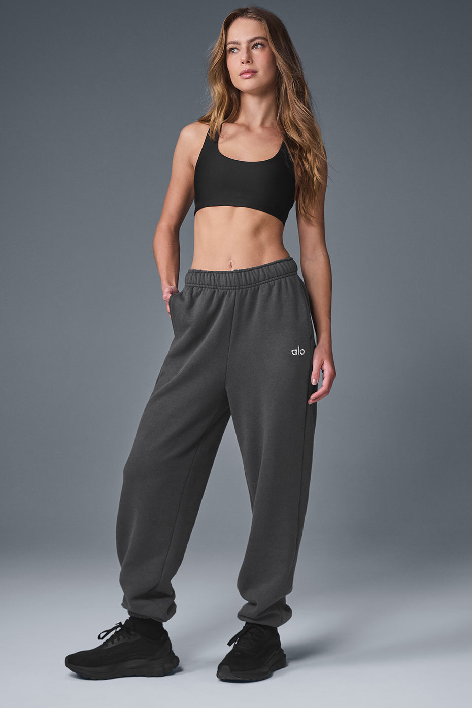 Side view of Accolade sweatpants, highlighting the elastic waistband and cuffs.