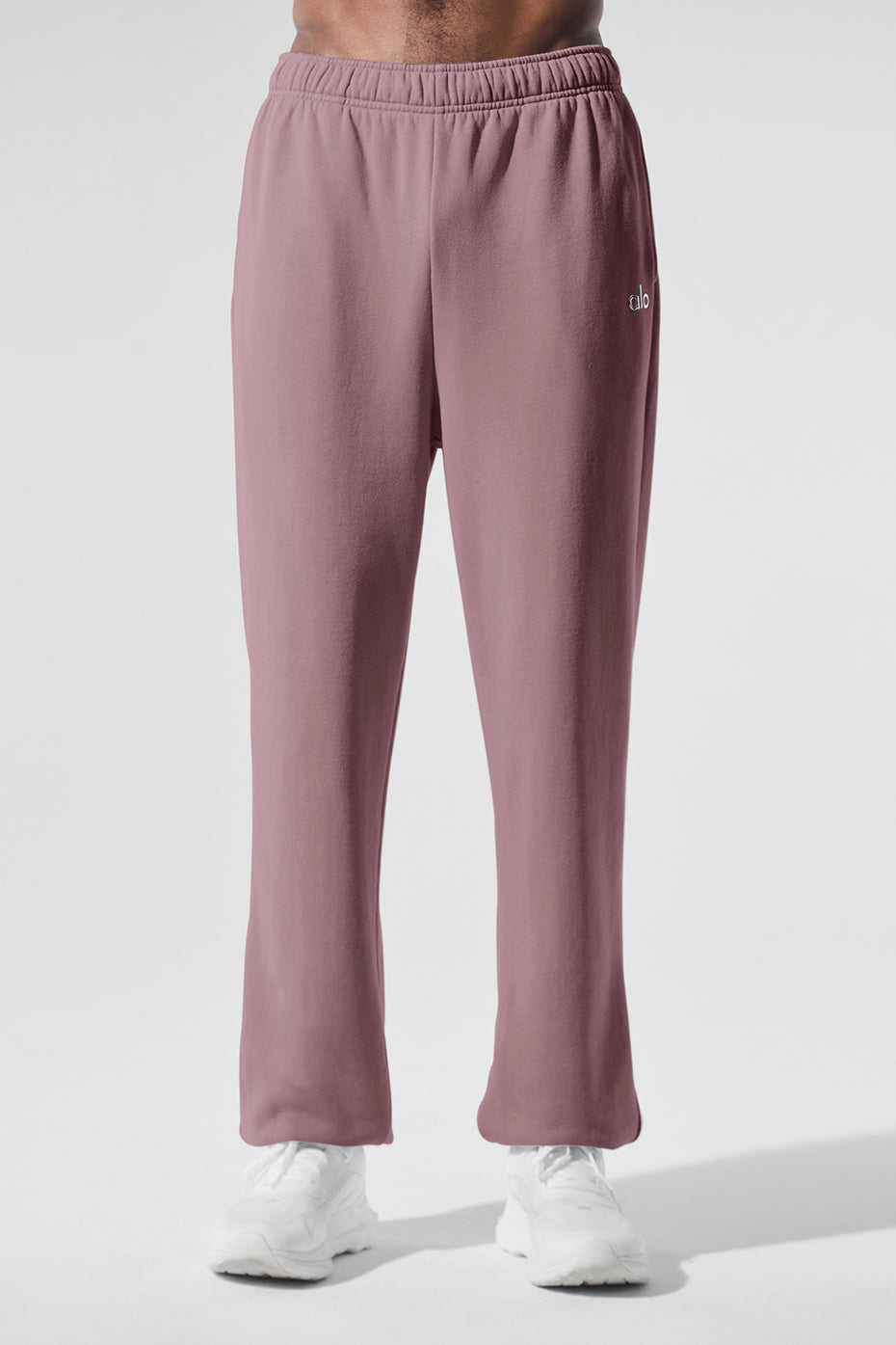 Front view of smoky quartz wide leg sweatpants with elastic waistband