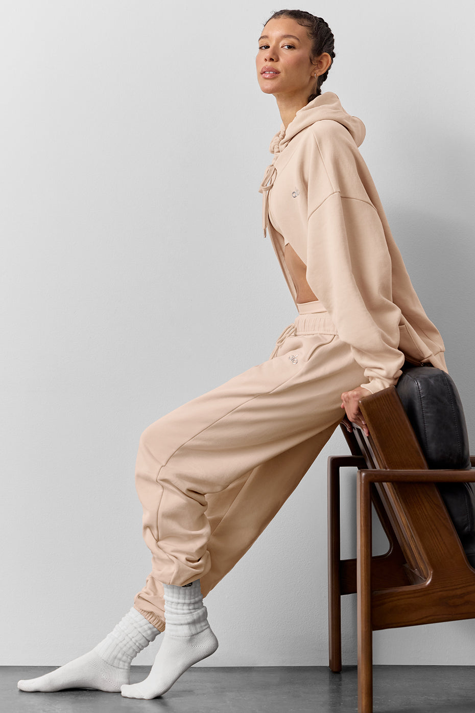 Front view of French terry pants in Macadamia color, relaxed fit with elastic waistband