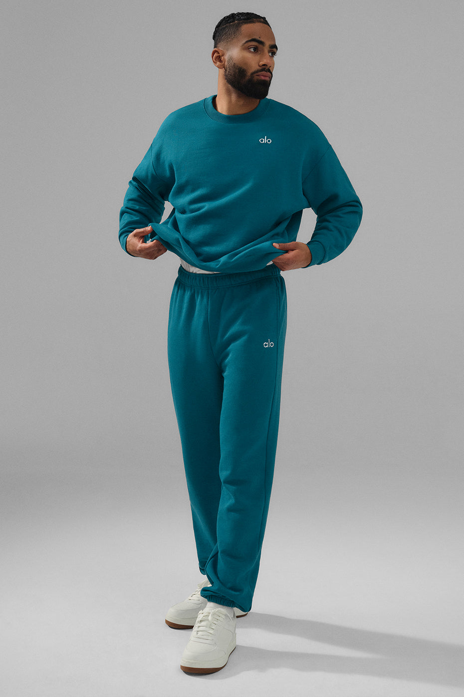 Close-up of the elastic waistband on Oceanic Teal sweatpants.