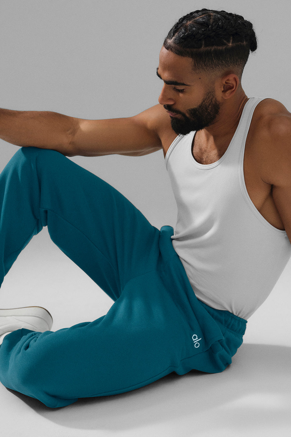 Front view of Oceanic Teal unisex sweatpants, showcasing relaxed fit.
