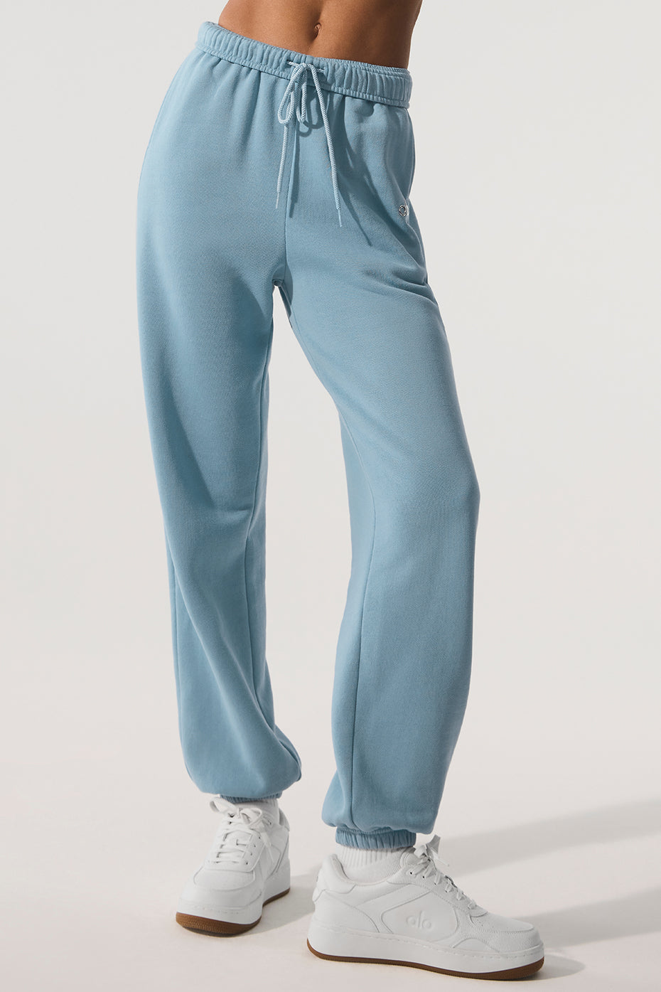 Front view of camo sweatpants in Celestial Blue, styled for casual outings.