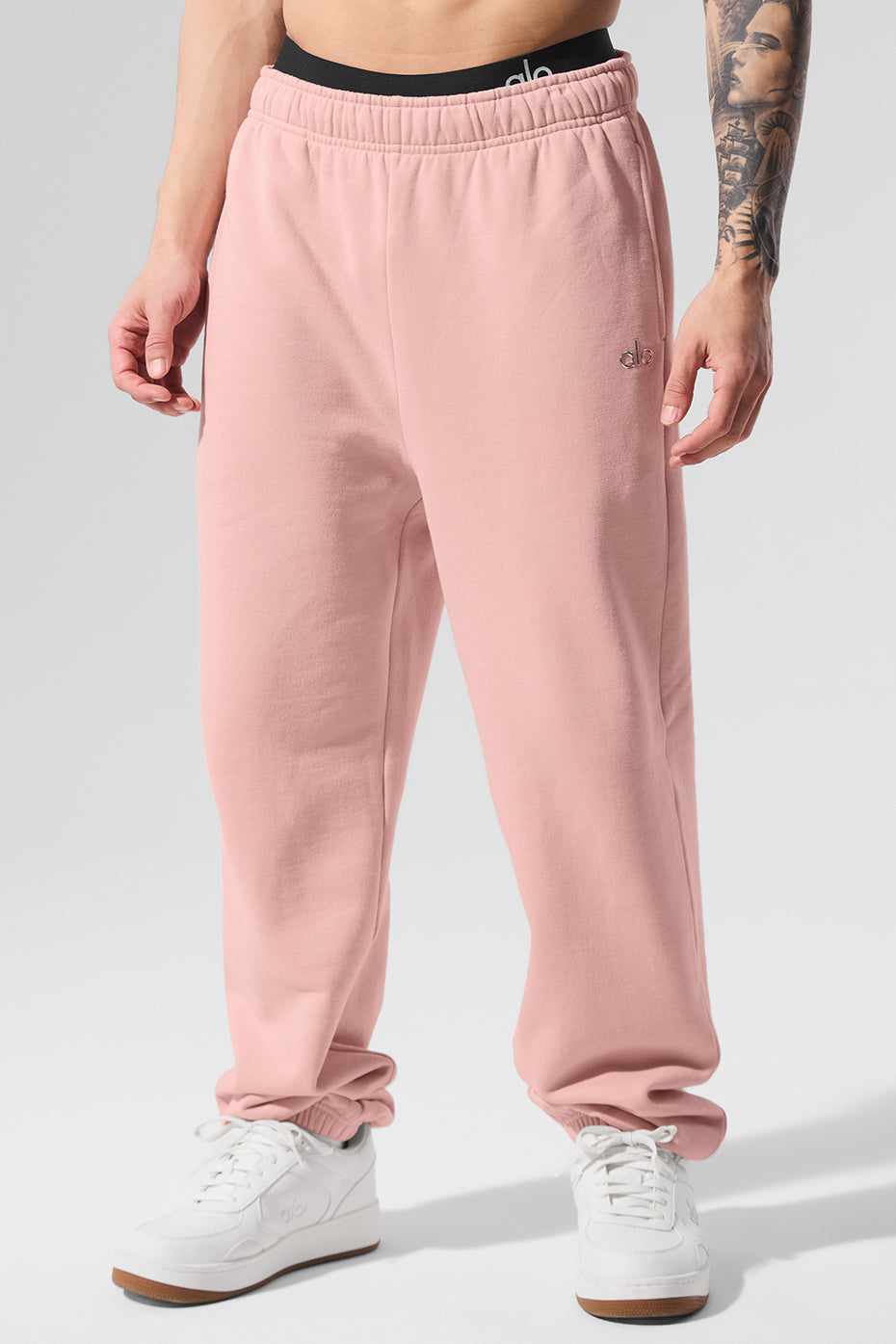 Front view of pink quartz camo sweatpants perfect for loungewear.