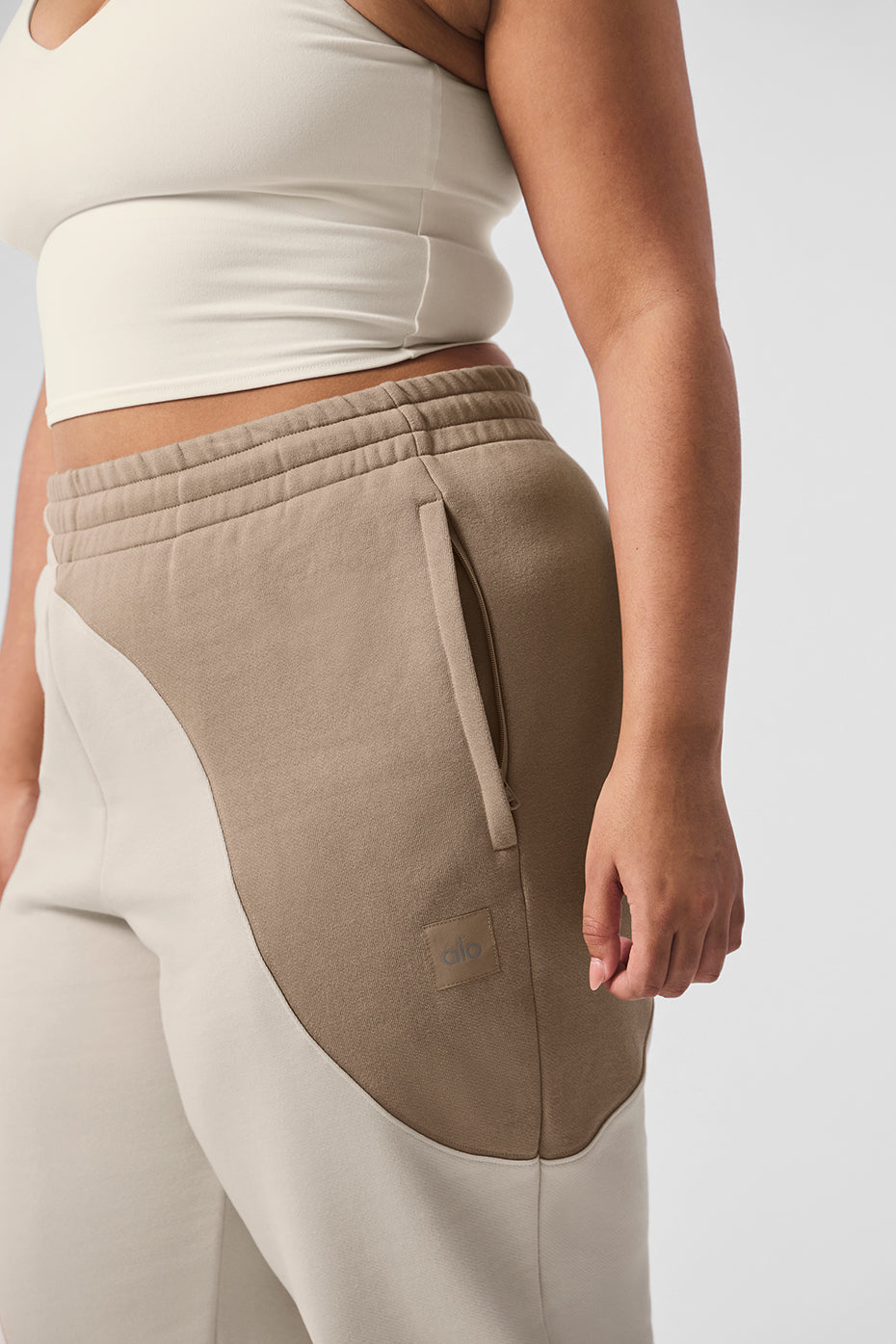 Detail shot of French terry fabric texture and waistband
