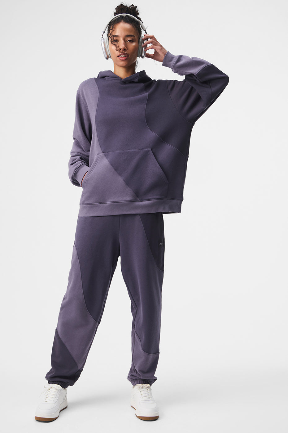 Front view of Italian Plum wide leg sweatpants, showcasing the unique wave pattern.
