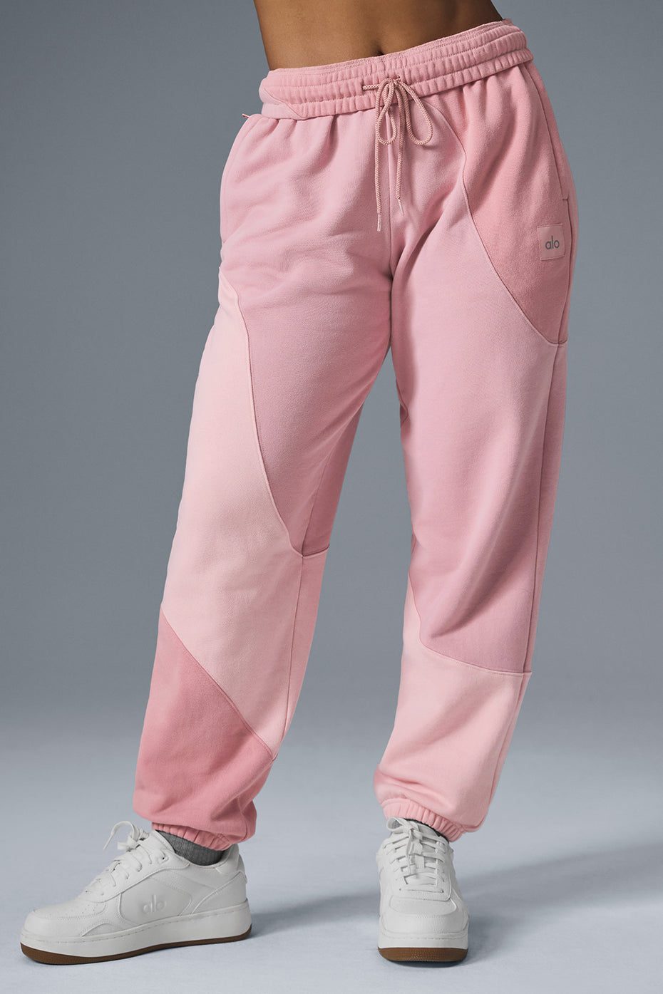 Sunset Pink Tonal wide leg sweatpants with wave design displayed on model