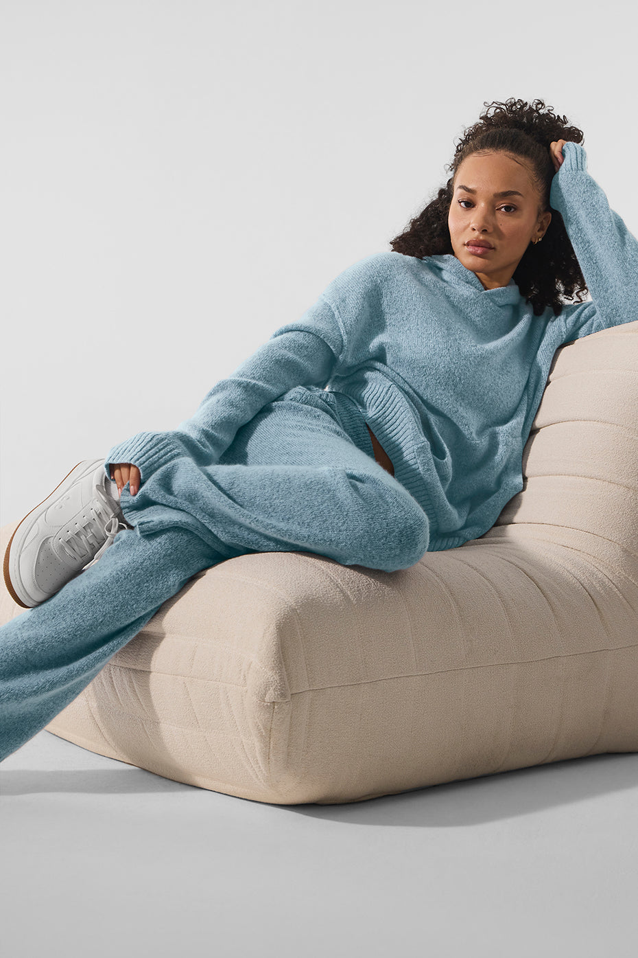 Close-up of soft cashmere fabric in luxurious lounge pants.