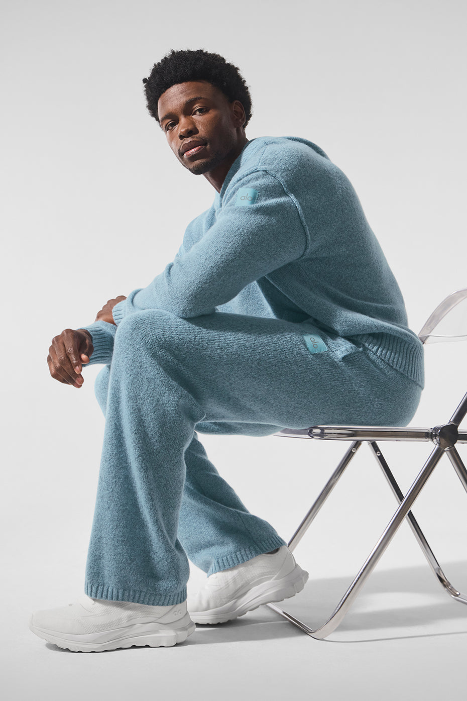 Close-up of the soft cashmere fabric in mens cozy pants