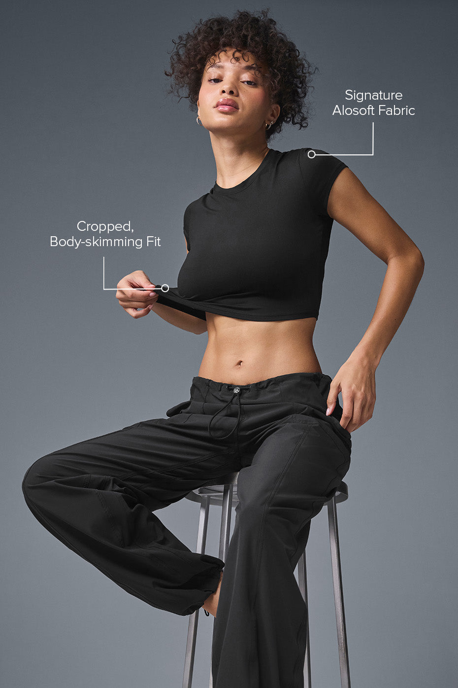 Side angle of the Alosoft Crop Top showing its stylish design.