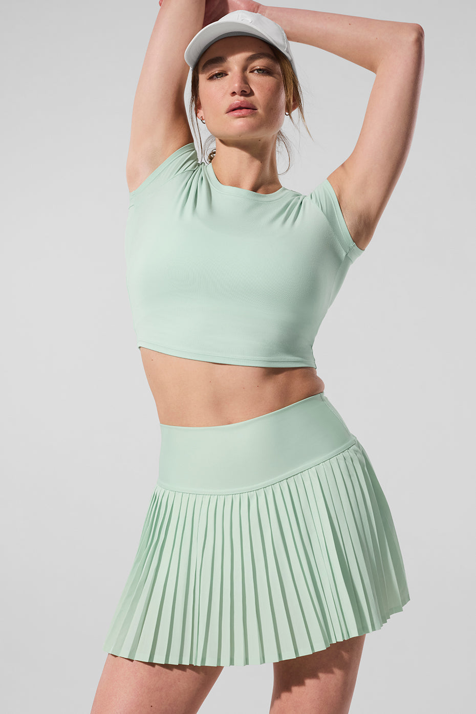 Close-up of the spearmint crop top fabric showing softness and texture