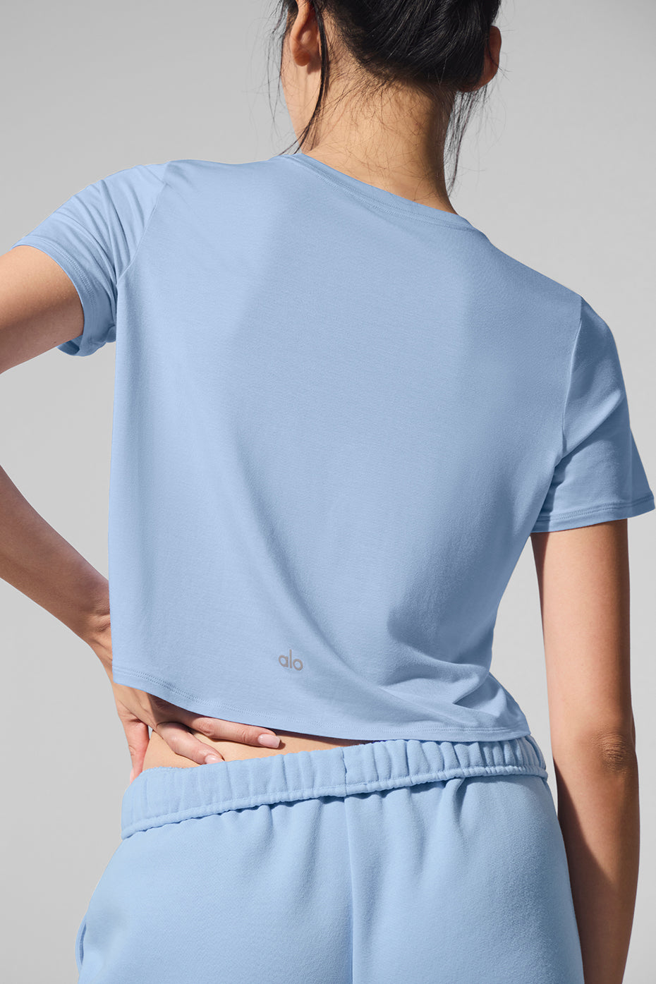 Model wearing lightweight modal jersey tee for everyday casual look