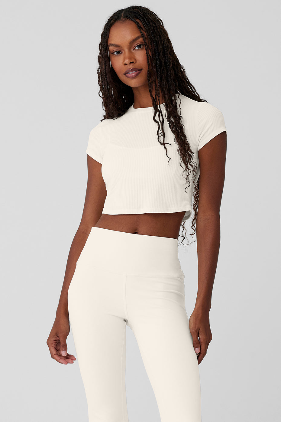 Front view of the ivory cropped tee, showcasing its ribbed texture.
